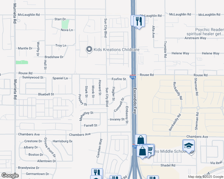 map of restaurants, bars, coffee shops, grocery stores, and more near 27107 Flagler Street in Menifee