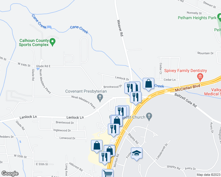 map of restaurants, bars, coffee shops, grocery stores, and more near 352 Brookwood Drive in Anniston