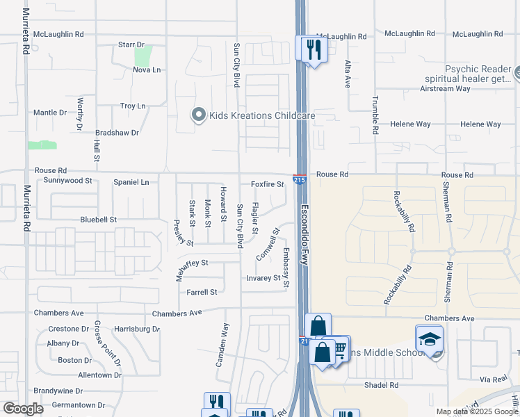 map of restaurants, bars, coffee shops, grocery stores, and more near 27108 Flagler Street in Menifee
