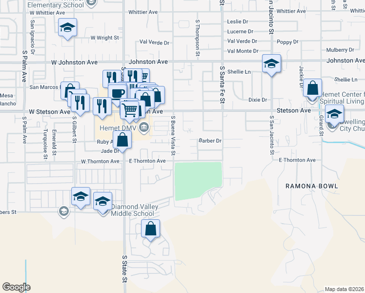 map of restaurants, bars, coffee shops, grocery stores, and more near 560 Palmer Drive in Hemet