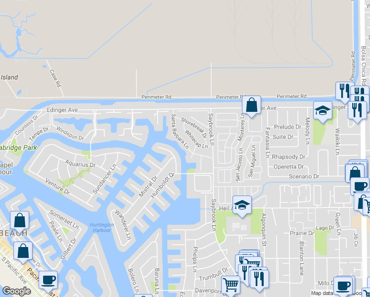 map of restaurants, bars, coffee shops, grocery stores, and more near 16201 Santa Barbara Lane in Huntington Beach