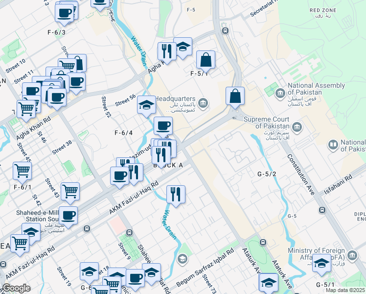 map of restaurants, bars, coffee shops, grocery stores, and more near Ataturk Avenue in Islamabad
