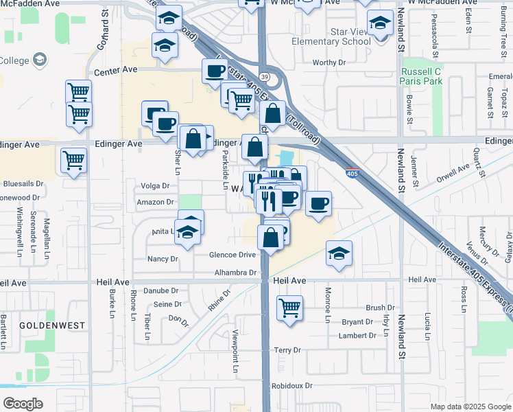 map of restaurants, bars, coffee shops, grocery stores, and more near 16241 Beach Boulevard in Huntington Beach