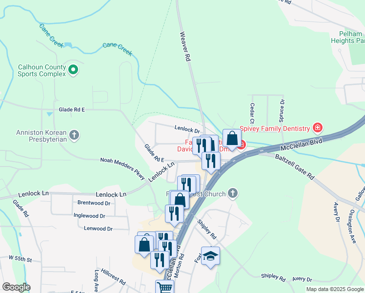 map of restaurants, bars, coffee shops, grocery stores, and more near 336 Brookwood Drive in Anniston