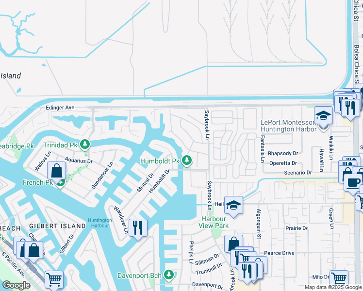 map of restaurants, bars, coffee shops, grocery stores, and more near 16201 Santa Barbara Lane in Huntington Beach
