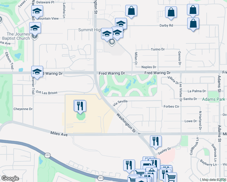 map of restaurants, bars, coffee shops, grocery stores, and more near 78217 Indigo Drive in La Quinta