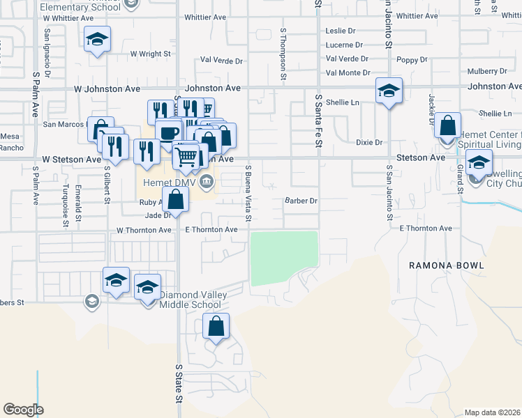 map of restaurants, bars, coffee shops, grocery stores, and more near 560 Palmer Drive in Hemet