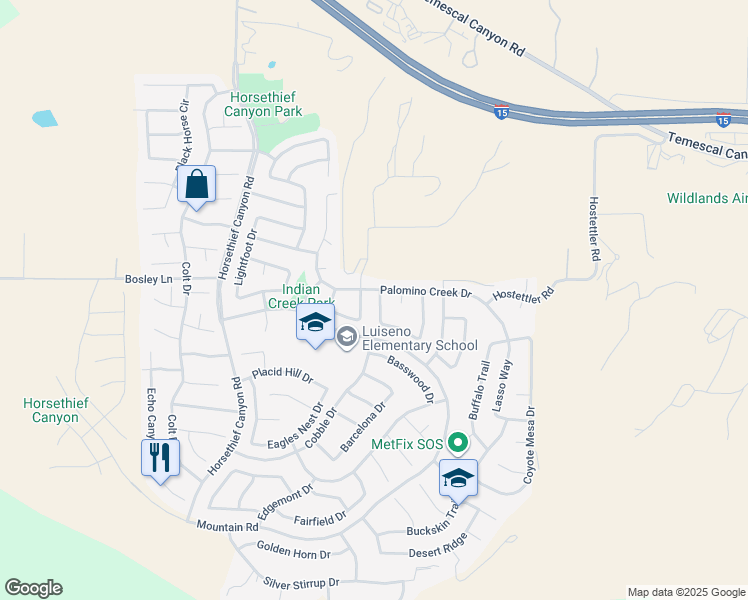 map of restaurants, bars, coffee shops, grocery stores, and more near 27051 Featherhill Drive in Corona