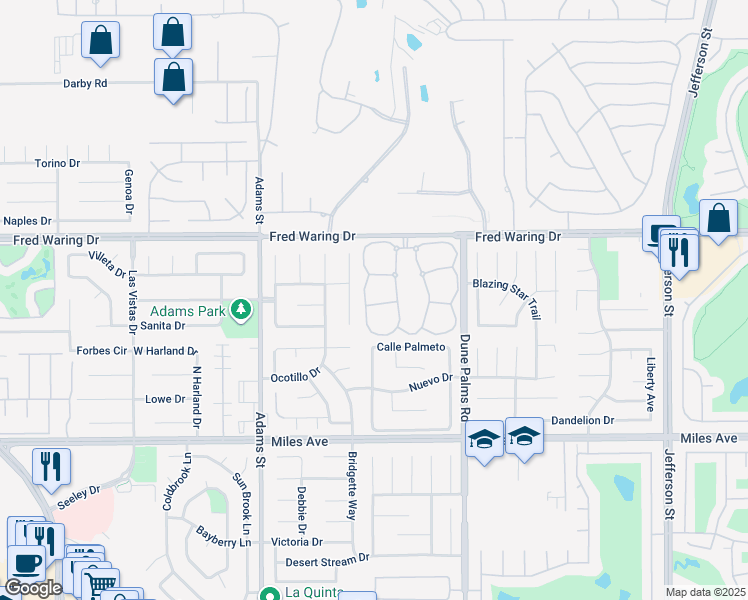 map of restaurants, bars, coffee shops, grocery stores, and more near 79262 South Sunset Ridge Drive in La Quinta