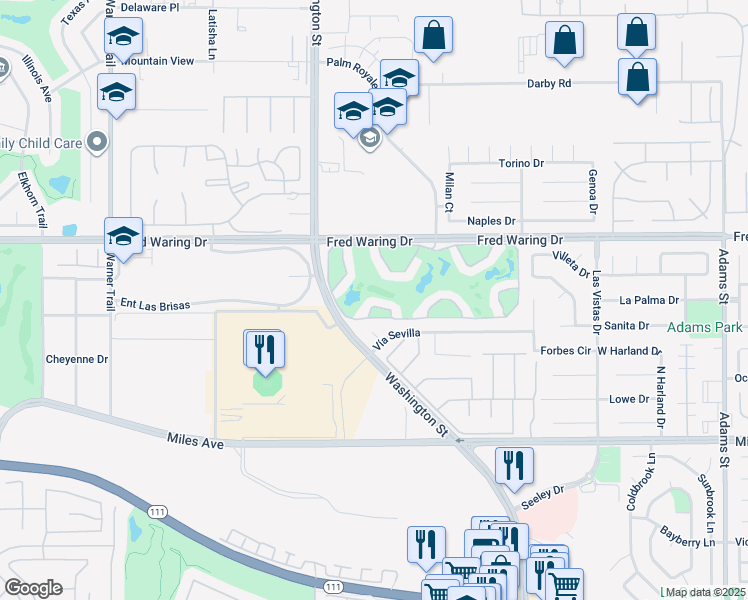 map of restaurants, bars, coffee shops, grocery stores, and more near 78163 Crimson Court in La Quinta