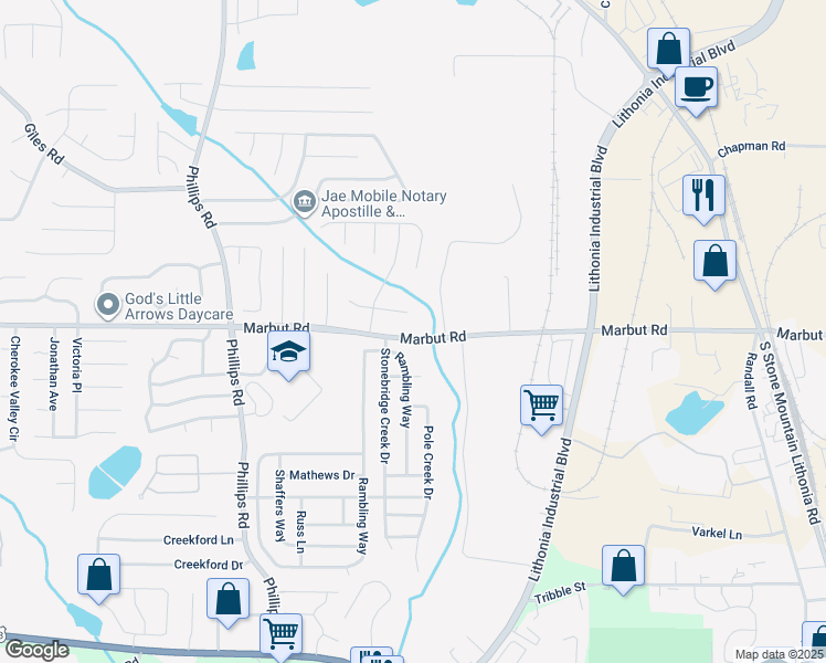 map of restaurants, bars, coffee shops, grocery stores, and more near 6476 Marbut Road in Lithonia