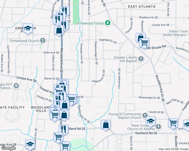 map of restaurants, bars, coffee shops, grocery stores, and more near 967 Shadowridge Drive Southeast in Atlanta