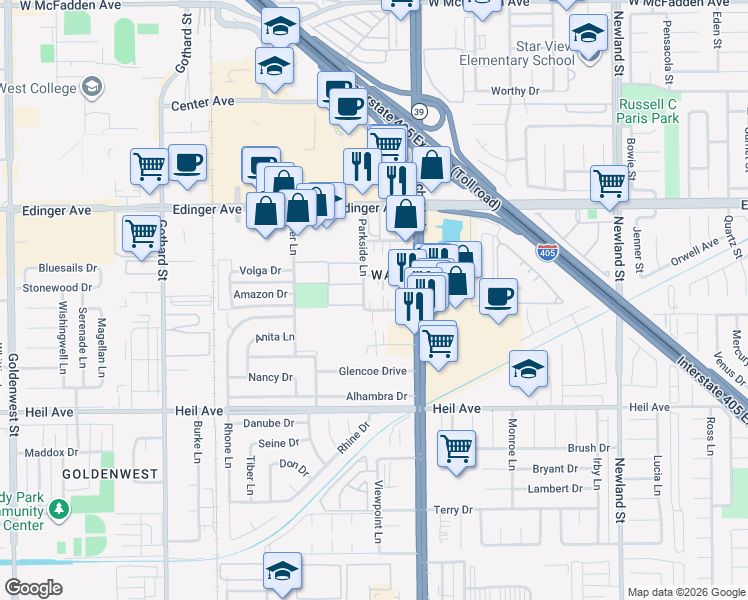 map of restaurants, bars, coffee shops, grocery stores, and more near 7871 Holt Drive in Huntington Beach