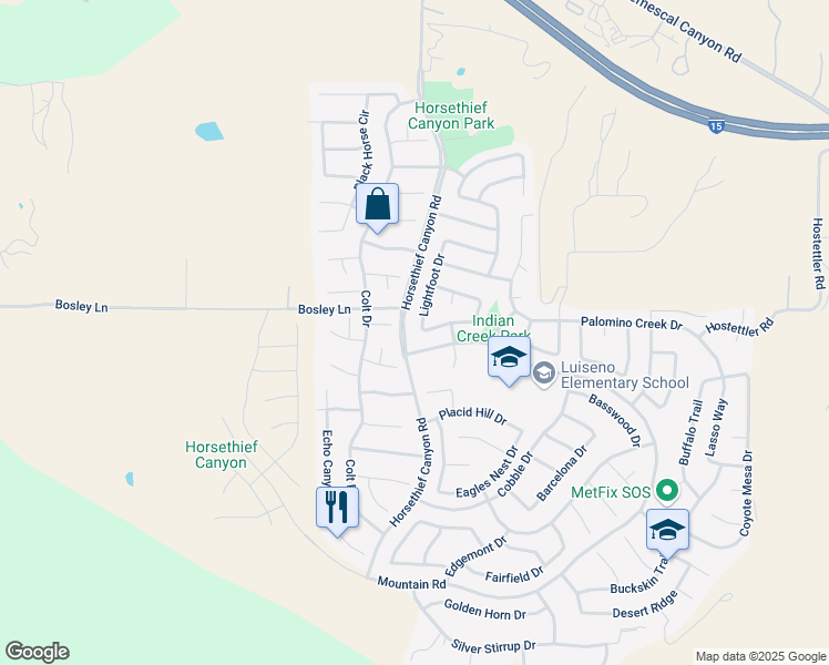 map of restaurants, bars, coffee shops, grocery stores, and more near 27002 Lightfoot Drive in Corona