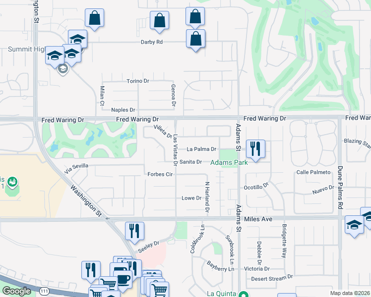 map of restaurants, bars, coffee shops, grocery stores, and more near 78738 La Palma Drive in La Quinta