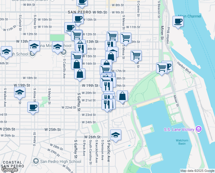 map of restaurants, bars, coffee shops, grocery stores, and more near 1901 South Pacific Avenue in Los Angeles