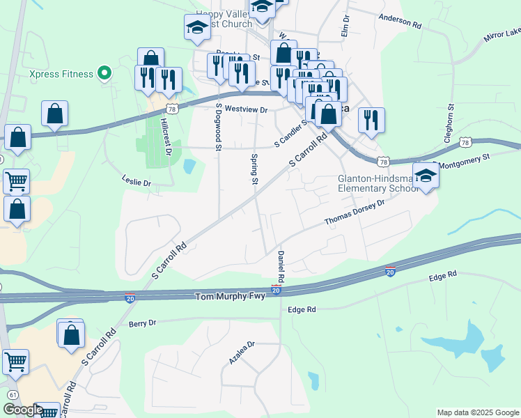 map of restaurants, bars, coffee shops, grocery stores, and more near 708 Spring Street in Villa Rica