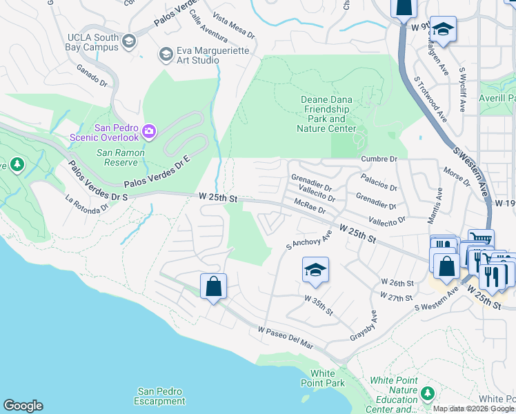 map of restaurants, bars, coffee shops, grocery stores, and more near 2235 West 25th Street in Los Angeles