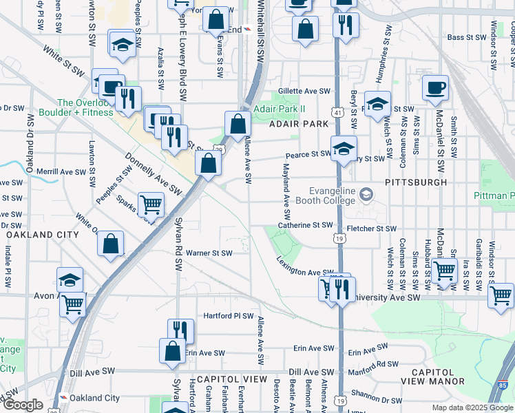 map of restaurants, bars, coffee shops, grocery stores, and more near 776 Brookline Street Southwest in Atlanta