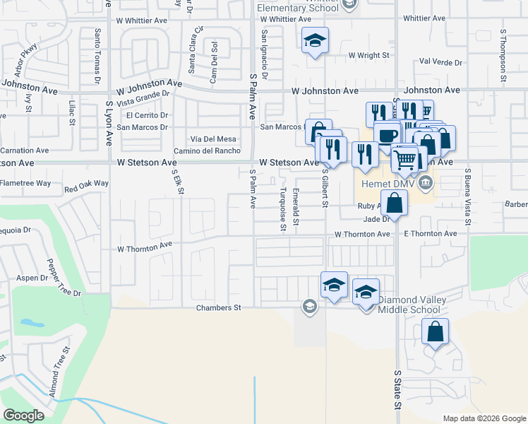 map of restaurants, bars, coffee shops, grocery stores, and more near 775 Coral Avenue in Hemet