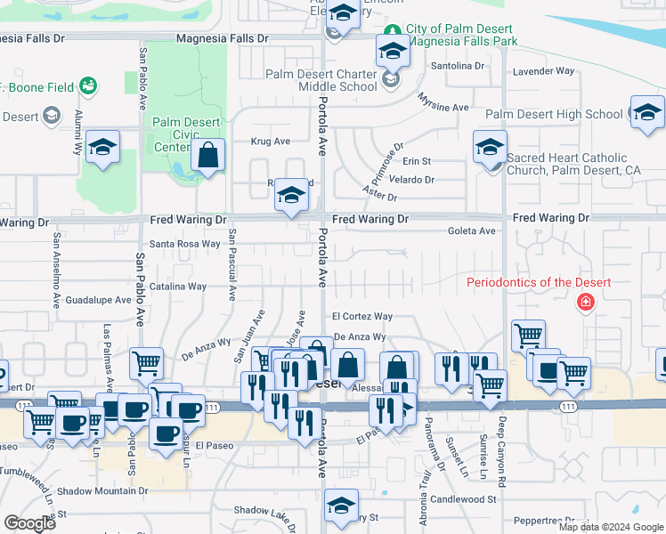 map of restaurants, bars, coffee shops, grocery stores, and more near 74042 Catalina Way in Palm Desert