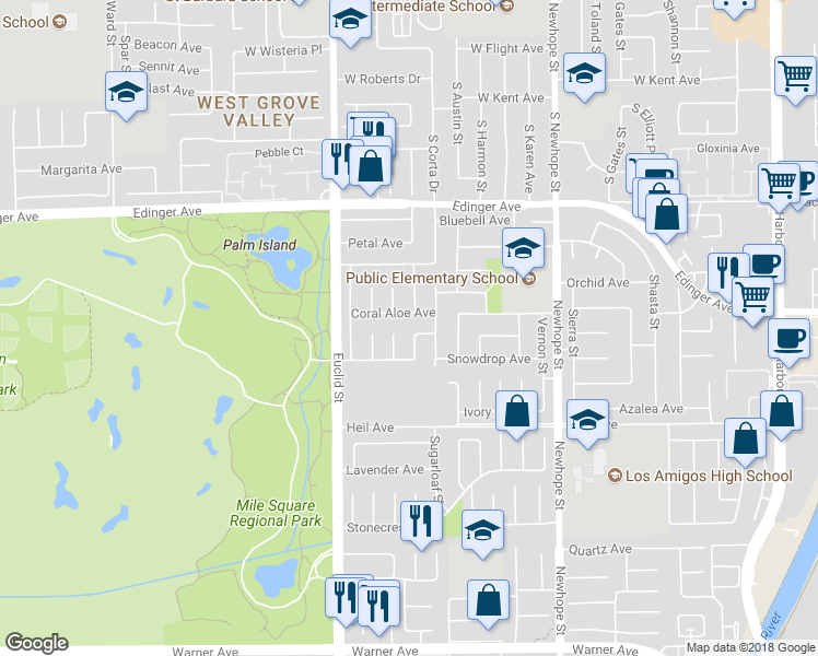 map of restaurants, bars, coffee shops, grocery stores, and more near 11175 Mount Emma Street in Fountain Valley