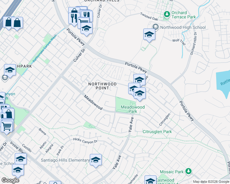 map of restaurants, bars, coffee shops, grocery stores, and more near 19 Candlewood in Irvine