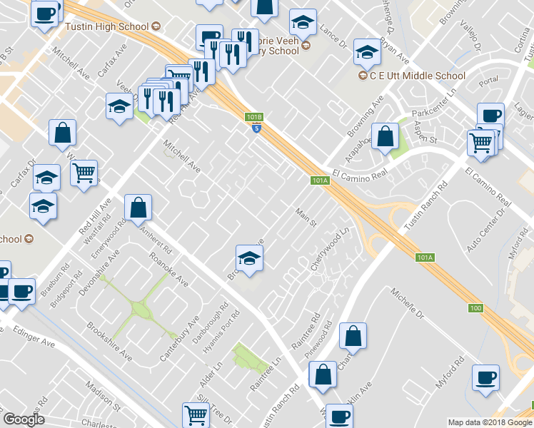 map of restaurants, bars, coffee shops, grocery stores, and more near 1962 Ren Circle in Tustin