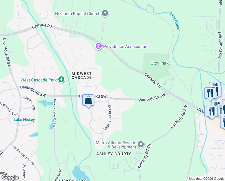 map of restaurants, bars, coffee shops, grocery stores, and more near 4153 Danforth Road Southwest in Atlanta
