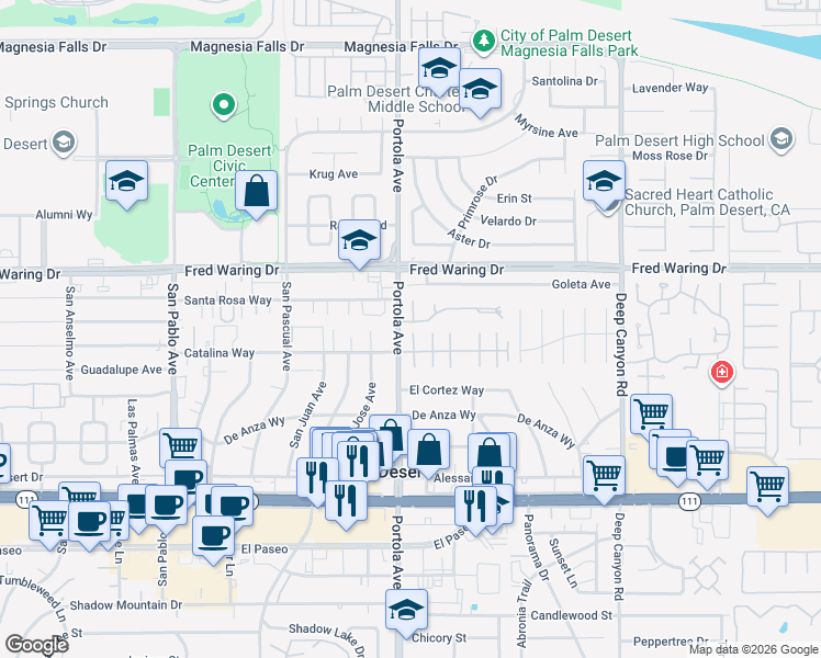 map of restaurants, bars, coffee shops, grocery stores, and more near 74042 Catalina Way in Palm Desert