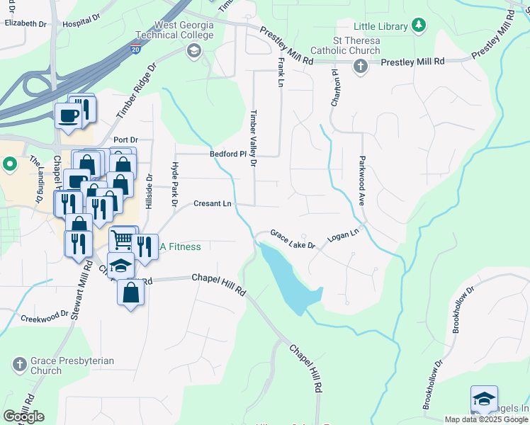 map of restaurants, bars, coffee shops, grocery stores, and more near 4554 Cresant Lane in Douglasville