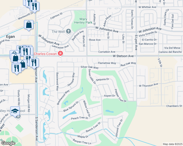 map of restaurants, bars, coffee shops, grocery stores, and more near 1250 Seven Hills Drive in Hemet