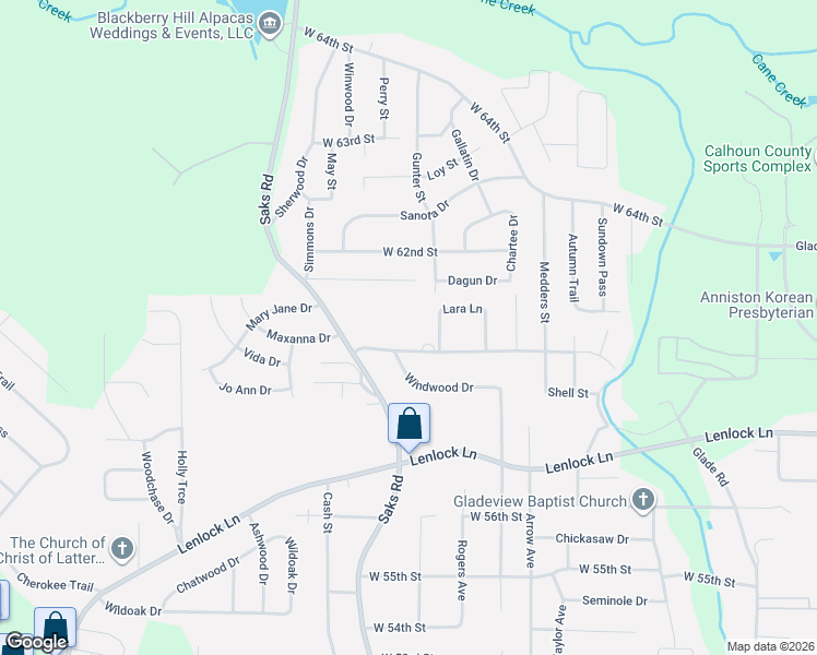 map of restaurants, bars, coffee shops, grocery stores, and more near 5925 Saks Road in Anniston