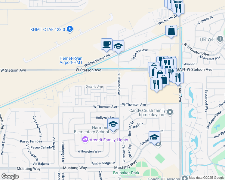map of restaurants, bars, coffee shops, grocery stores, and more near 1295 South Cawston Avenue in Hemet