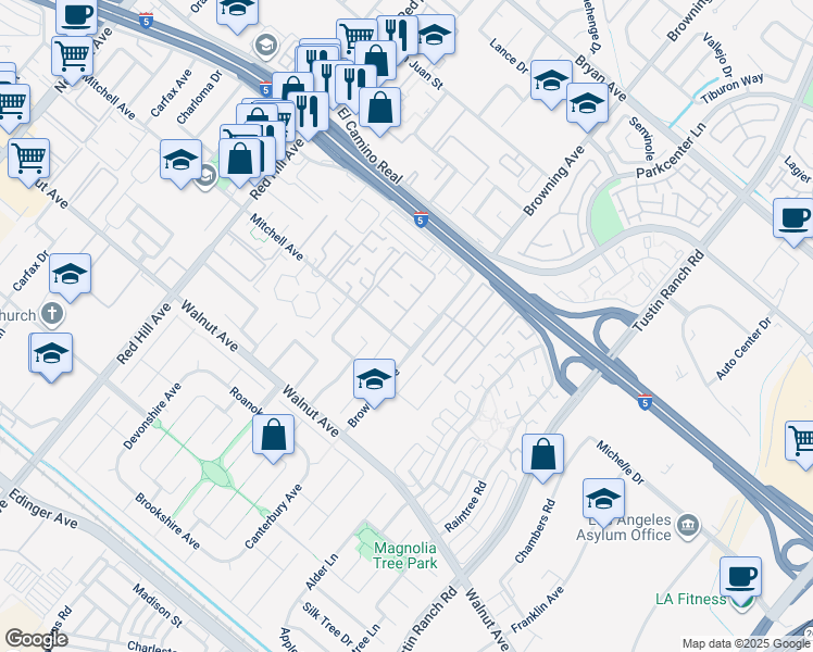map of restaurants, bars, coffee shops, grocery stores, and more near 1962 Ren Circle in Tustin