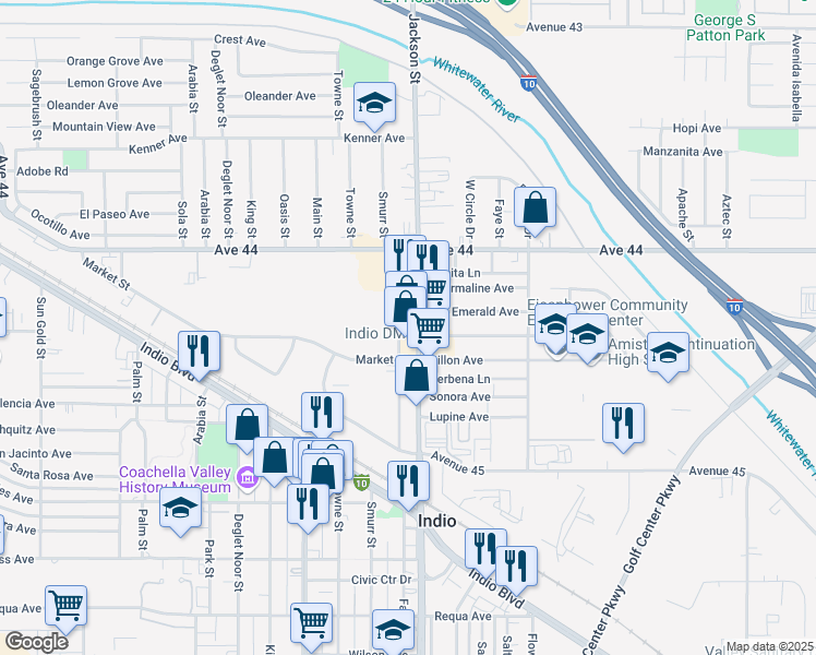 map of restaurants, bars, coffee shops, grocery stores, and more near 44349 Jackson Street in Indio