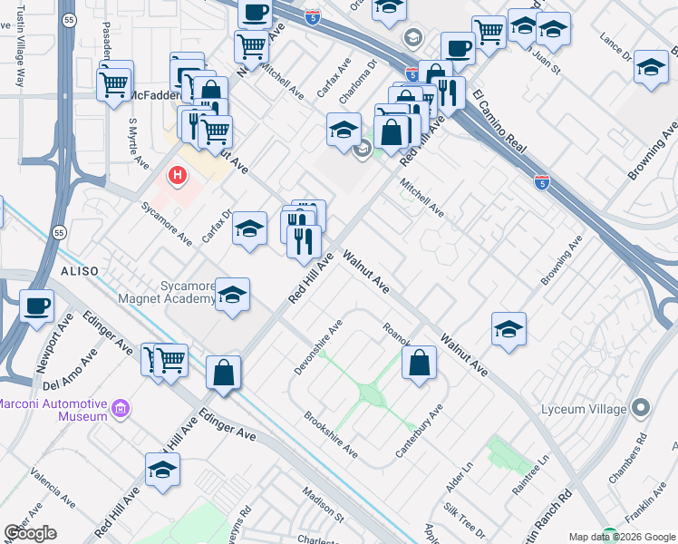 map of restaurants, bars, coffee shops, grocery stores, and more near in Tustin