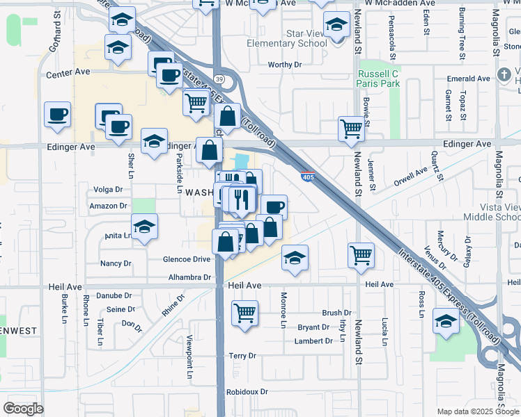 map of restaurants, bars, coffee shops, grocery stores, and more near 16171 Malaga Lane in Huntington Beach
