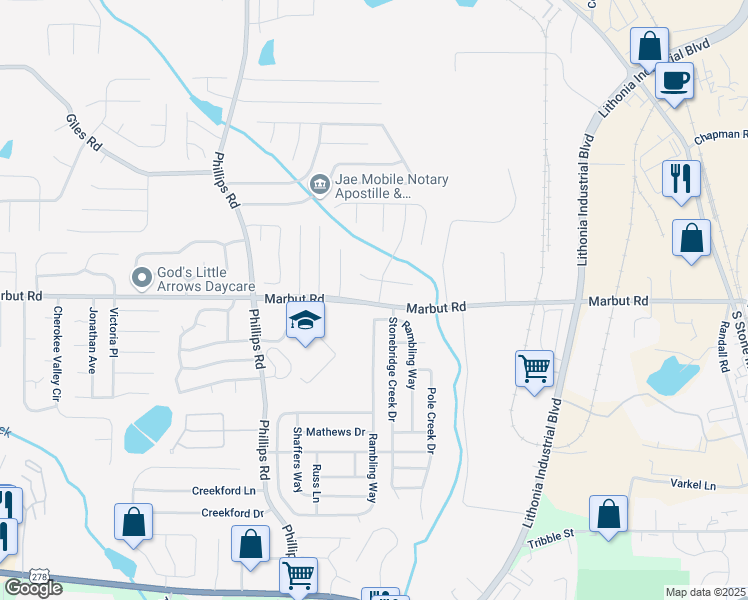 map of restaurants, bars, coffee shops, grocery stores, and more near 2115 Charter Lane in Lithonia