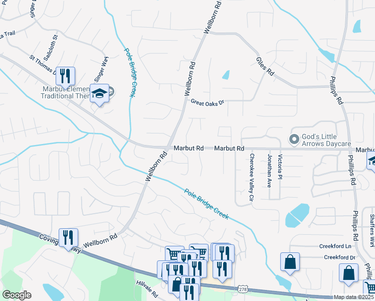 map of restaurants, bars, coffee shops, grocery stores, and more near 2132 Sara Ashley Way in Lithonia