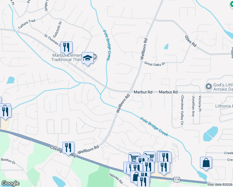 map of restaurants, bars, coffee shops, grocery stores, and more near 5874 Marbut Road in Lithonia