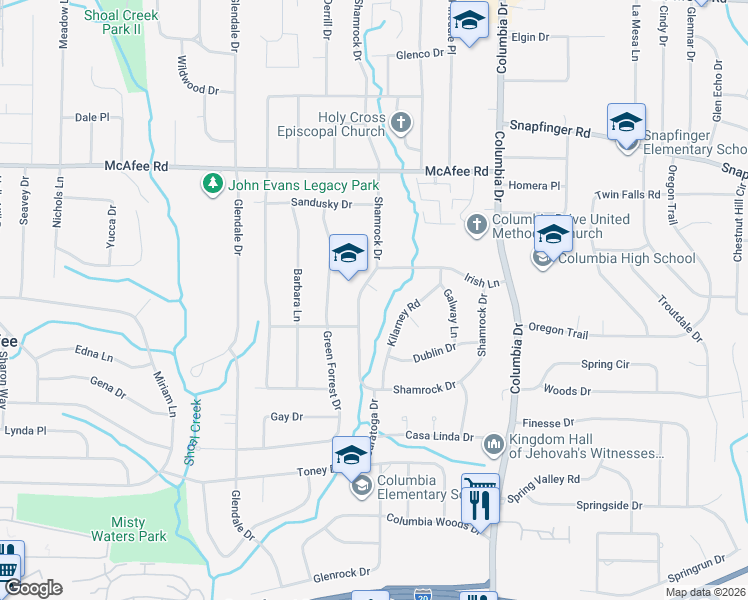 map of restaurants, bars, coffee shops, grocery stores, and more near 2144 Shamrock Drive in Decatur