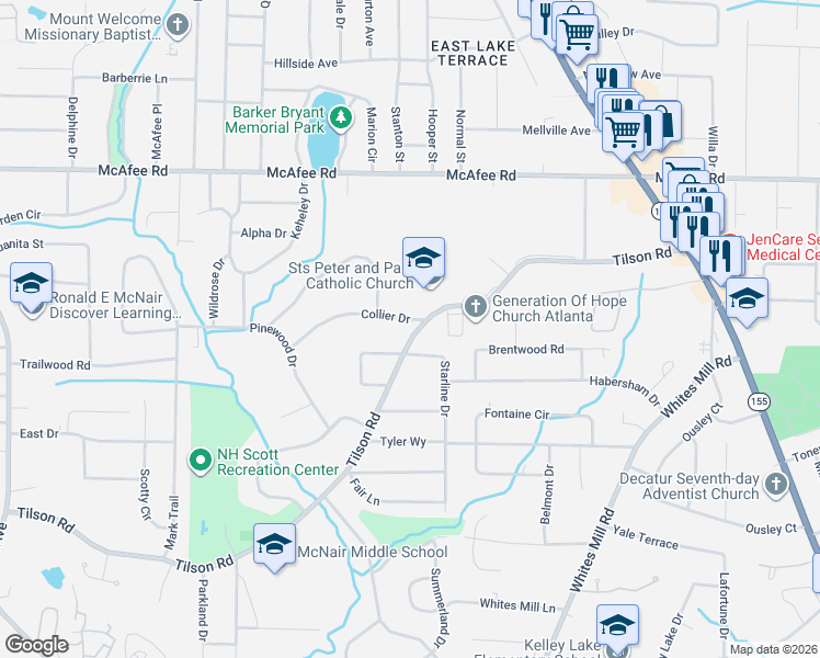 map of restaurants, bars, coffee shops, grocery stores, and more near 2360 Collier Drive in Decatur