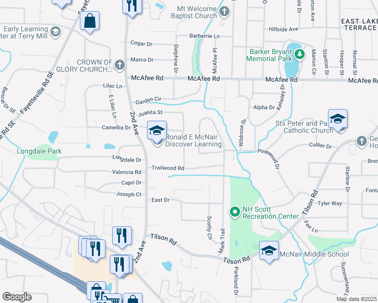 map of restaurants, bars, coffee shops, grocery stores, and more near 2152 Juanita Street in Decatur