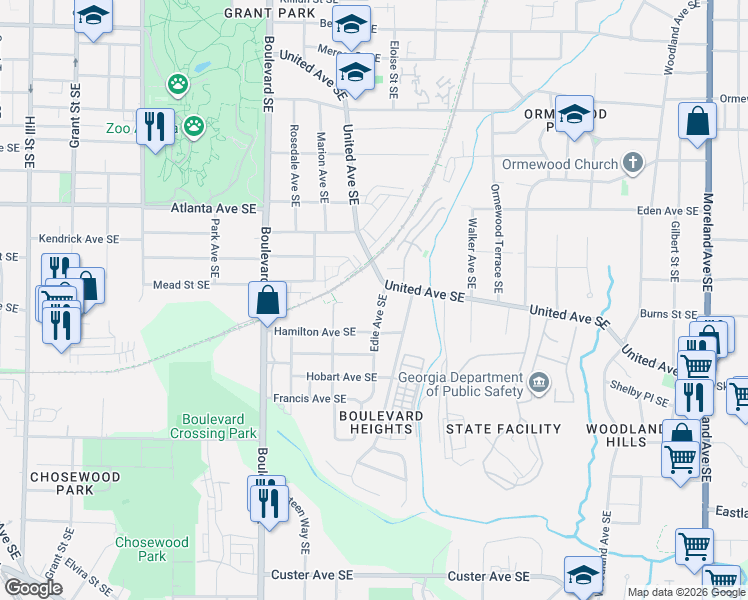 map of restaurants, bars, coffee shops, grocery stores, and more near 990 United Avenue Southeast in Atlanta
