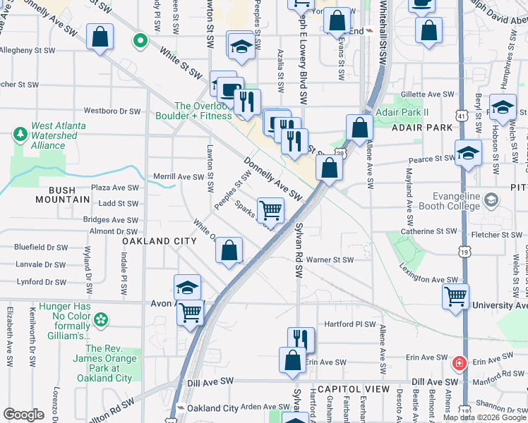 map of restaurants, bars, coffee shops, grocery stores, and more near 991 Dimmock Street Southwest in Atlanta
