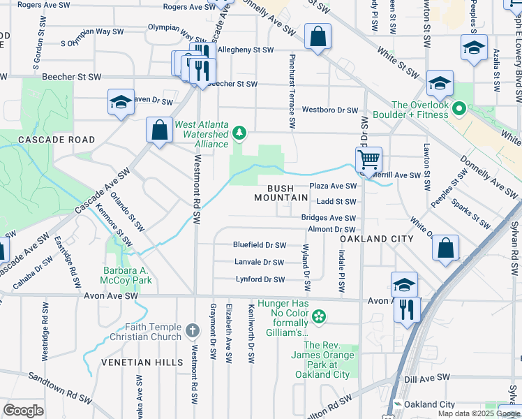map of restaurants, bars, coffee shops, grocery stores, and more near 1397 Bridges Avenue Southwest in Atlanta