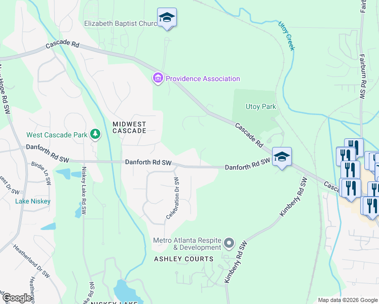 map of restaurants, bars, coffee shops, grocery stores, and more near 4153 Danforth Road Southwest in Atlanta