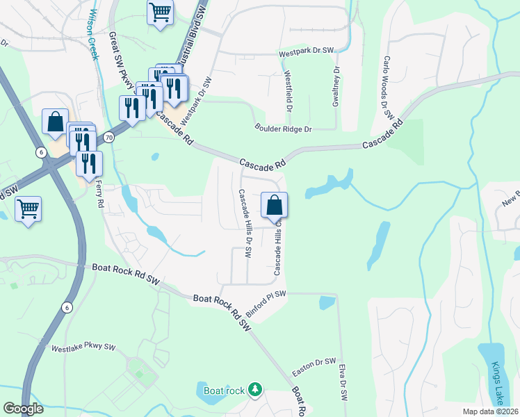map of restaurants, bars, coffee shops, grocery stores, and more near 150 Lost Springs Lane Southwest in Atlanta
