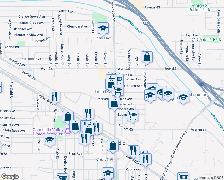 map of restaurants, bars, coffee shops, grocery stores, and more near 44349 Jackson Street in Indio